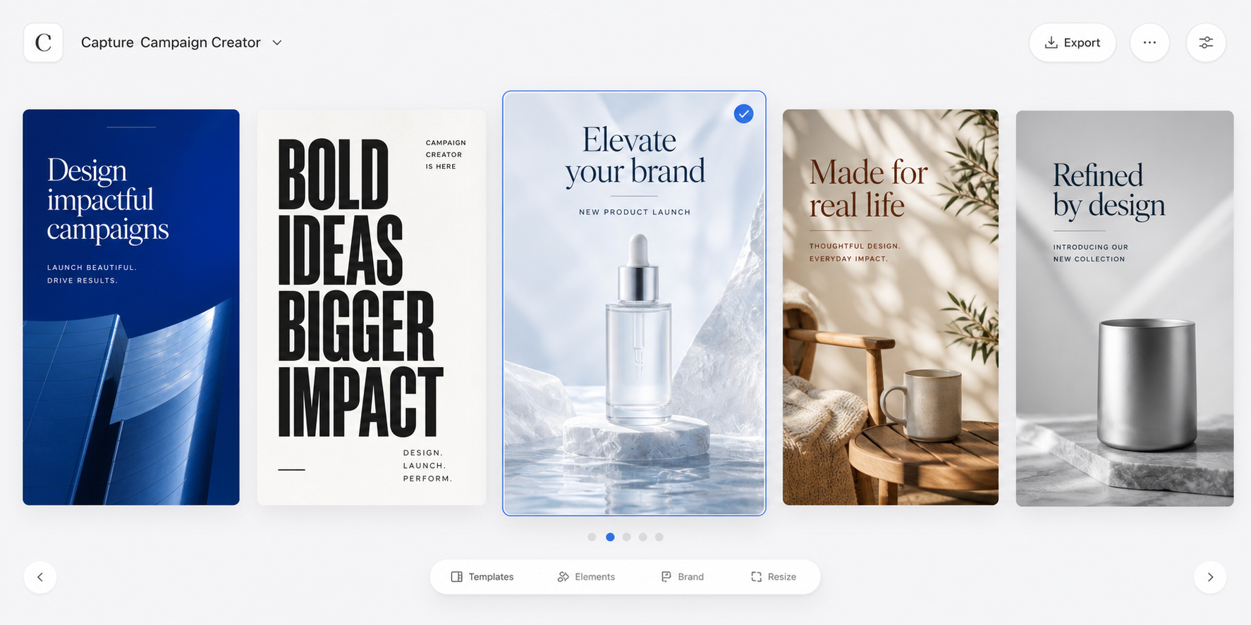 Composition campaign carousel showing five launch design directions